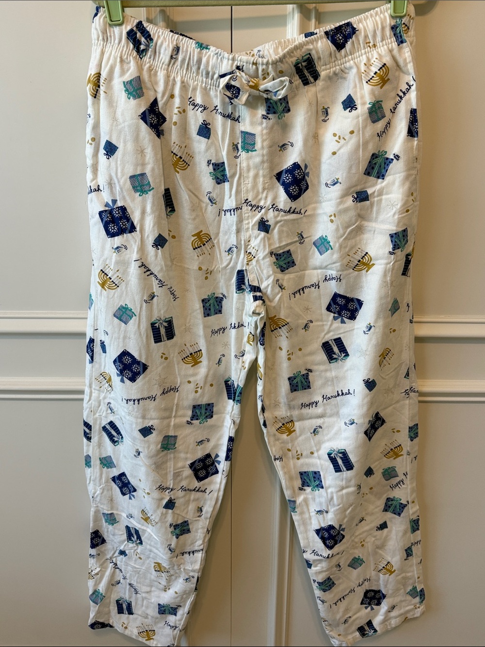 Old Navy White Pajama Pants with Blue, Teal & Gold Hanukkah Gift Print
